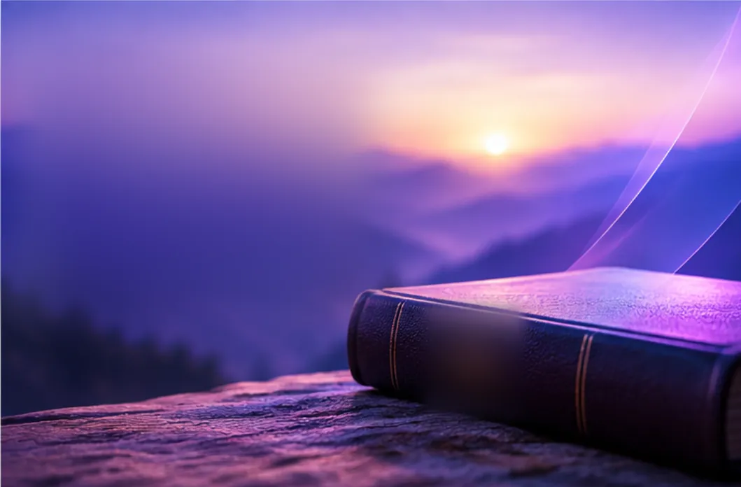 A closed Bible resting on a weathered wooden ledge, with the sun rising over misty mountains behind it.