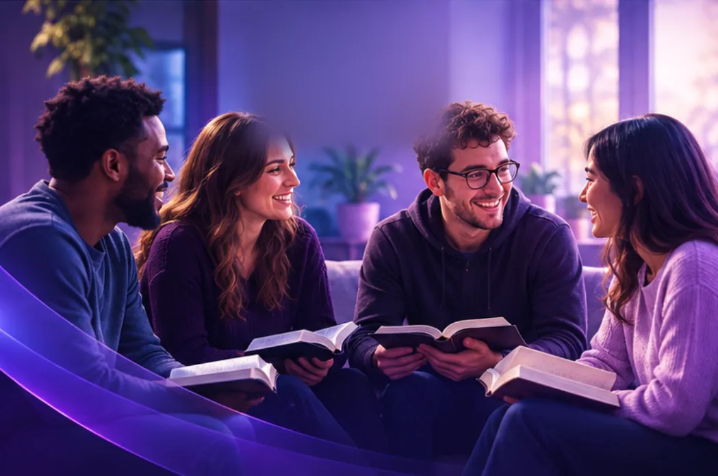 Four friends sit together on a sofa with open Bibles, smiling and talking in a softly lit room.