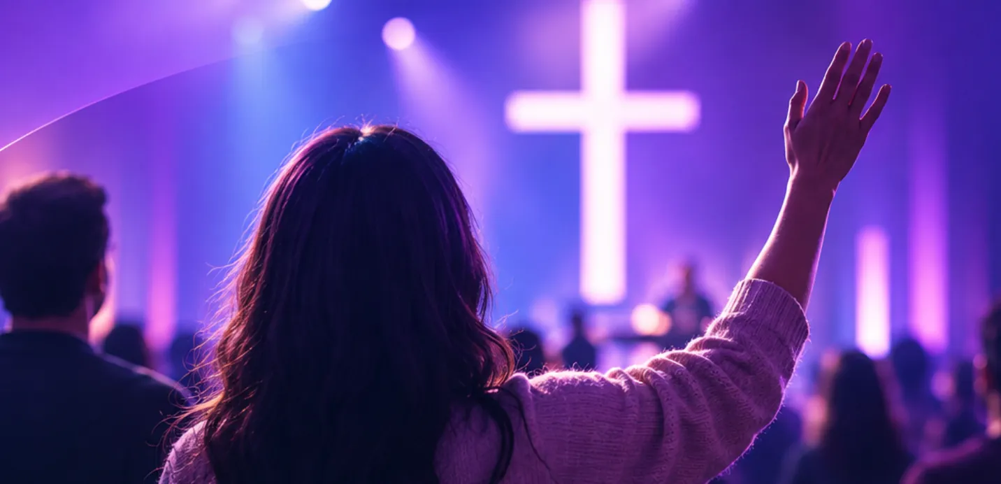 A worship service seen from the congregation: a woman with her hand raised faces a lit cross on the stage, in purple and blue light.